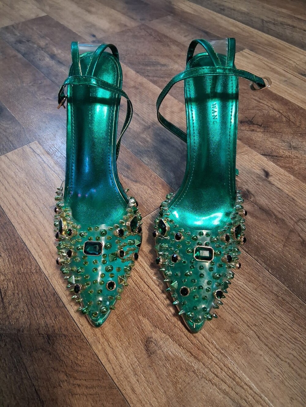 Azalea Wang Green Embellished Pointed-Toe Ankle-Strap Heels